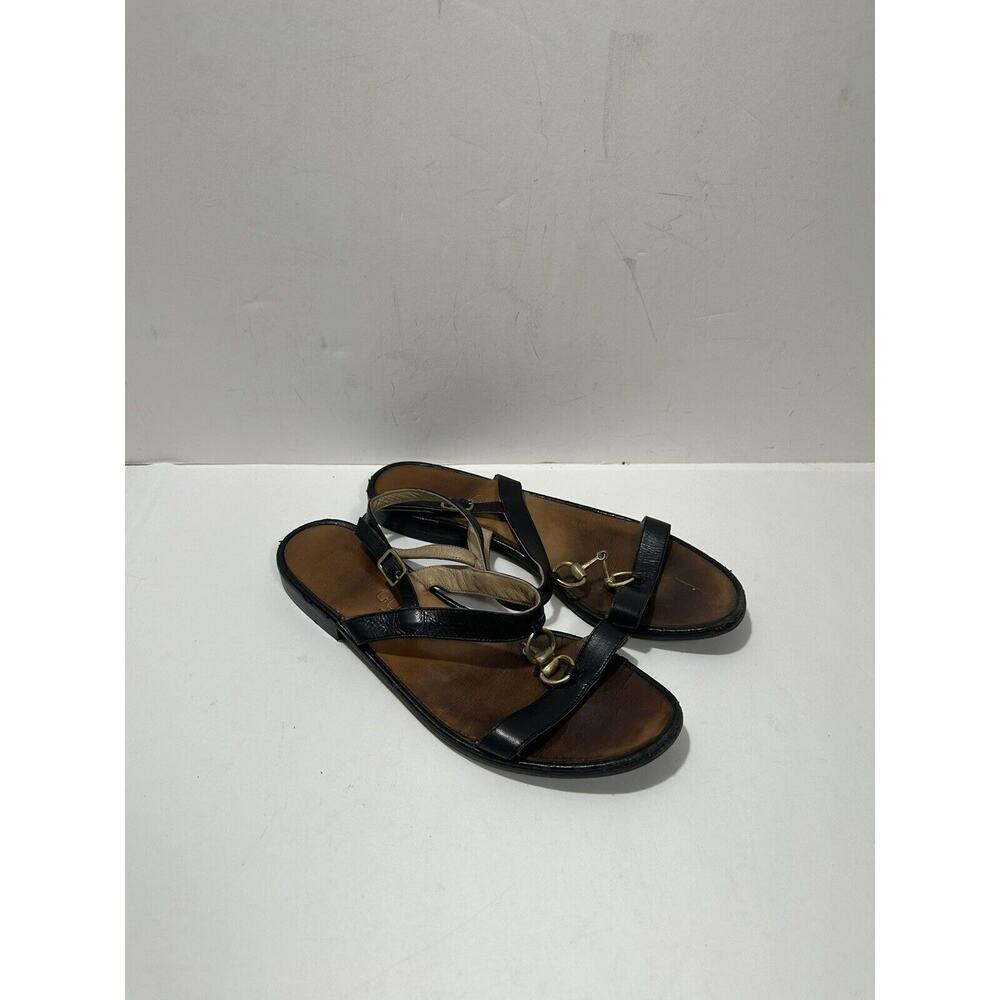 Gucci Golden Horsebit Black Leather Ankle Tie Straps Flat Sandals Sz 38 (US 7.5